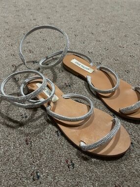 Steve Madden Silver Beaded Ankle-Wrap Flat Sandals